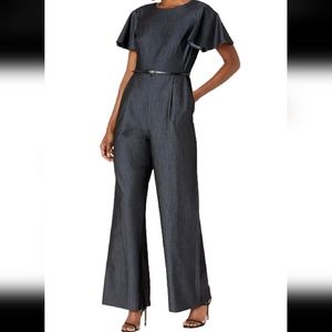 Calvin Klein Jumper, Flutter Sleeved Belted Jumpsuit Denim Blue Women's Sz 4
